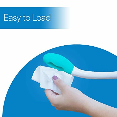 Hand placing a wipe into a long-handled tool with text 'Easy to Load'