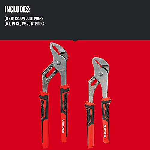 Set of 8-inch and 10-inch groove joint pliers with red handles.