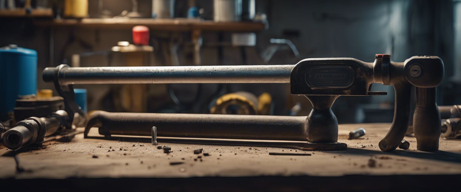 Hacksaw on workbench with pipes